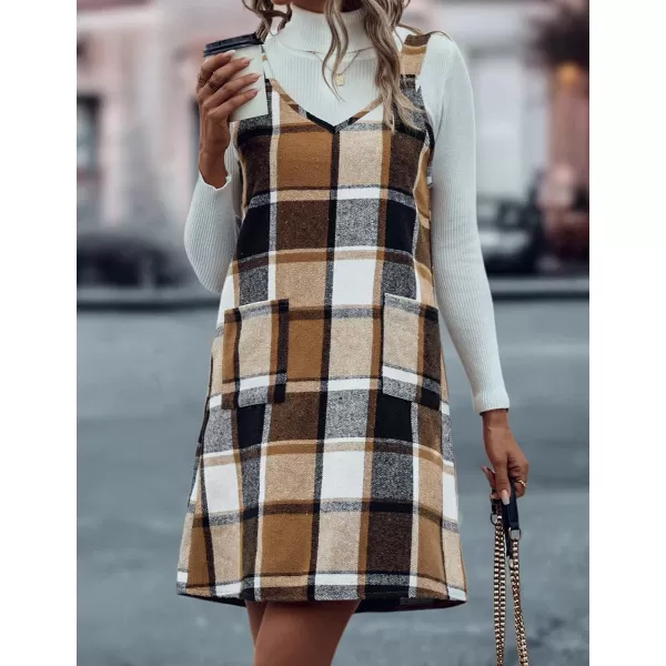 IDEALSANXUN Plaid Overall Dress for Women 2023 Fall Winter Sleeveless Plaid Dresses with PocketsBrown New