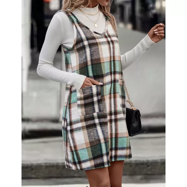IDEALSANXUN Plaid Overall Dress for Women 2023 Fall Winter Sleeveless Plaid Dresses with PocketsGreen