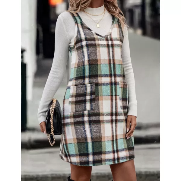 IDEALSANXUN Plaid Overall Dress for Women 2023 Fall Winter Sleeveless Plaid Dresses with PocketsGreen