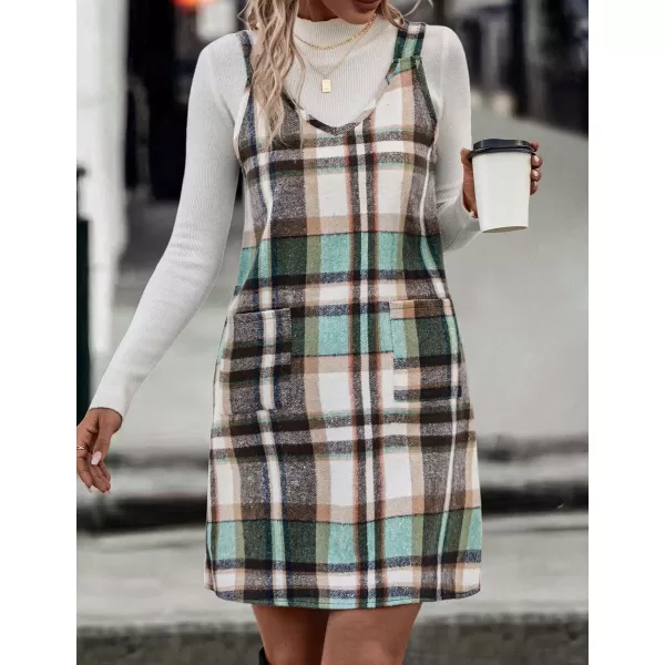 IDEALSANXUN Plaid Overall Dress for Women 2023 Fall Winter Sleeveless Plaid Dresses with PocketsGreen