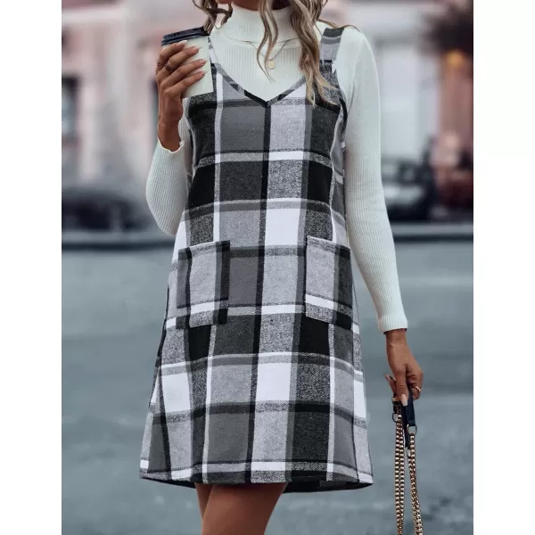IDEALSANXUN Plaid Overall Dress for Women 2023 Fall Winter Sleeveless Plaid Dresses with PocketsGrey
