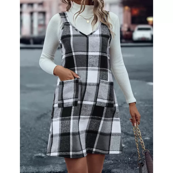IDEALSANXUN Plaid Overall Dress for Women 2023 Fall Winter Sleeveless Plaid Dresses with PocketsGrey