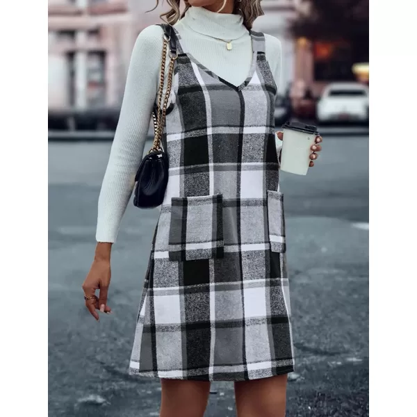 IDEALSANXUN Plaid Overall Dress for Women 2023 Fall Winter Sleeveless Plaid Dresses with PocketsGrey