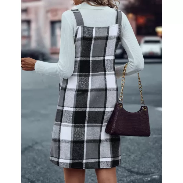 IDEALSANXUN Plaid Overall Dress for Women 2023 Fall Winter Sleeveless Plaid Dresses with PocketsGrey