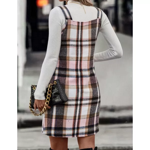 IDEALSANXUN Plaid Overall Dress for Women 2023 Fall Winter Sleeveless Plaid Dresses with PocketsPink