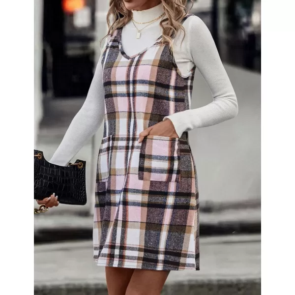 IDEALSANXUN Plaid Overall Dress for Women 2023 Fall Winter Sleeveless Plaid Dresses with PocketsPink