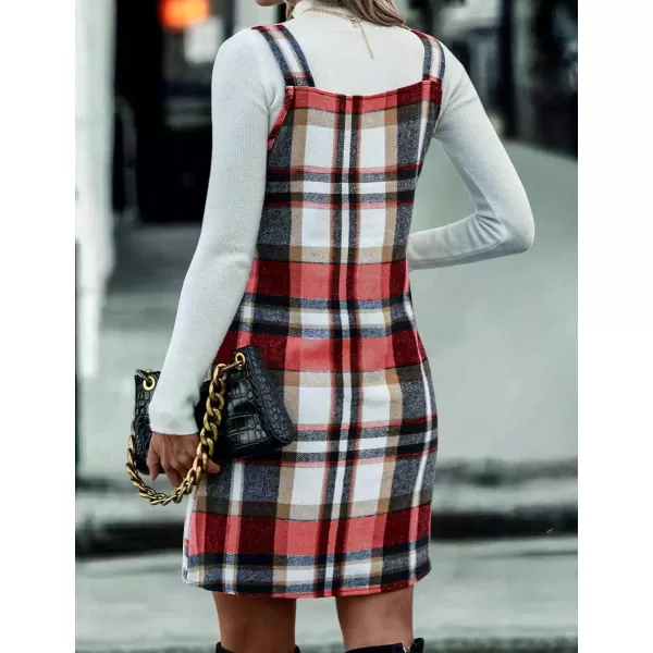 IDEALSANXUN Plaid Overall Dress for Women 2023 Fall Winter Sleeveless Plaid Dresses with PocketsWine