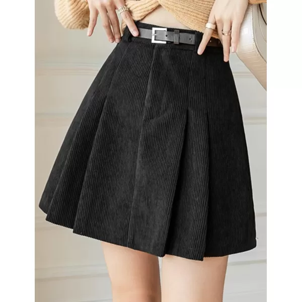 IDEALSANXUN Pleated Corduroy Mini Skirt for Women High Waisted Flared A Line Short SkirtBlack