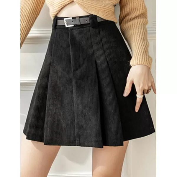 IDEALSANXUN Pleated Corduroy Mini Skirt for Women High Waisted Flared A Line Short SkirtBlack