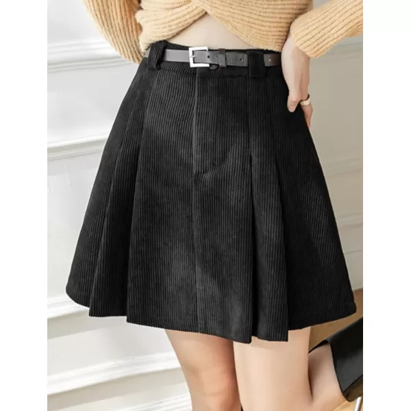 IDEALSANXUN Pleated Corduroy Mini Skirt for Women High Waisted Flared A Line Short SkirtBlack