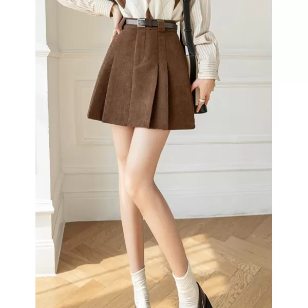 IDEALSANXUN Pleated Corduroy Mini Skirt for Women High Waisted Flared A Line Short SkirtCoffee