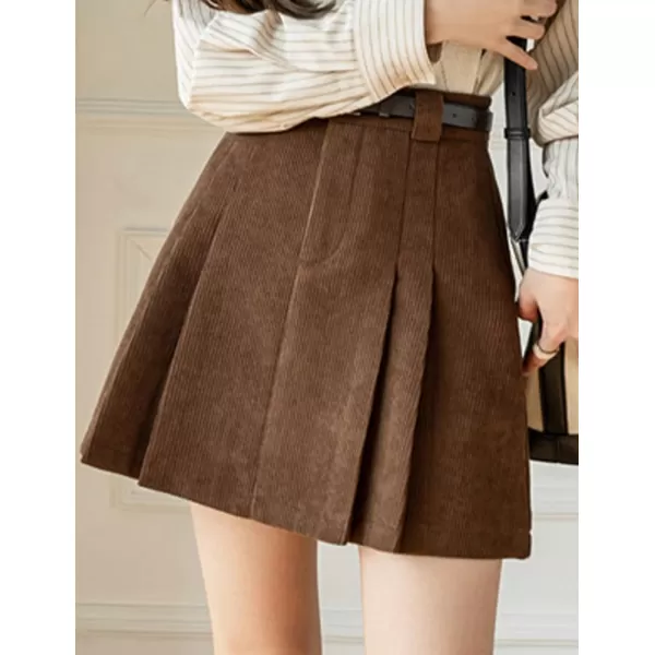 IDEALSANXUN Pleated Corduroy Mini Skirt for Women High Waisted Flared A Line Short SkirtCoffee