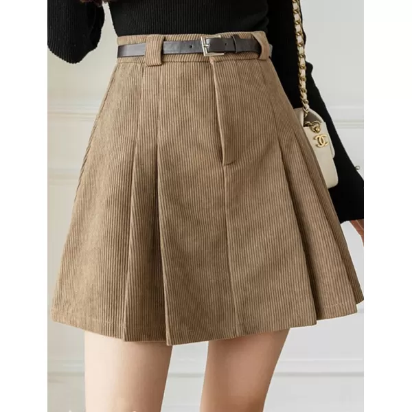 IDEALSANXUN Pleated Corduroy Mini Skirt for Women High Waisted Flared A Line Short SkirtKhaki