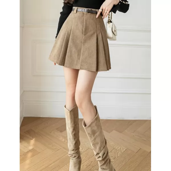 IDEALSANXUN Pleated Corduroy Mini Skirt for Women High Waisted Flared A Line Short SkirtKhaki