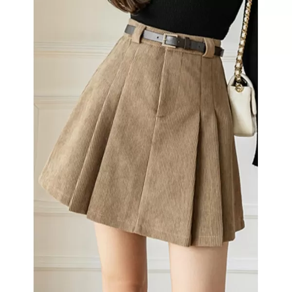 IDEALSANXUN Pleated Corduroy Mini Skirt for Women High Waisted Flared A Line Short SkirtKhaki