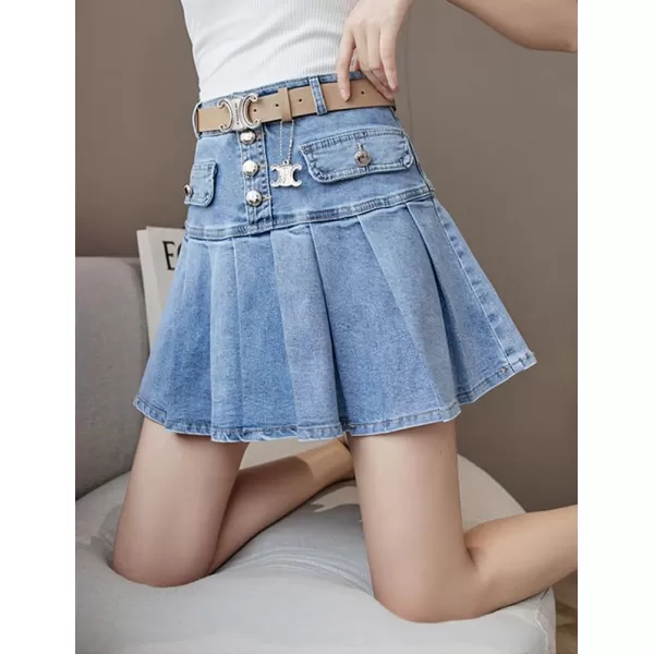 IDEALSANXUN Pleated Denim Skirt for Women Y2k High Waisted A Line Fall Winter Jean Mini SkirtBlue