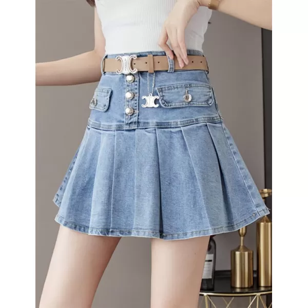 IDEALSANXUN Pleated Denim Skirt for Women Y2k High Waisted A Line Fall Winter Jean Mini SkirtBlue
