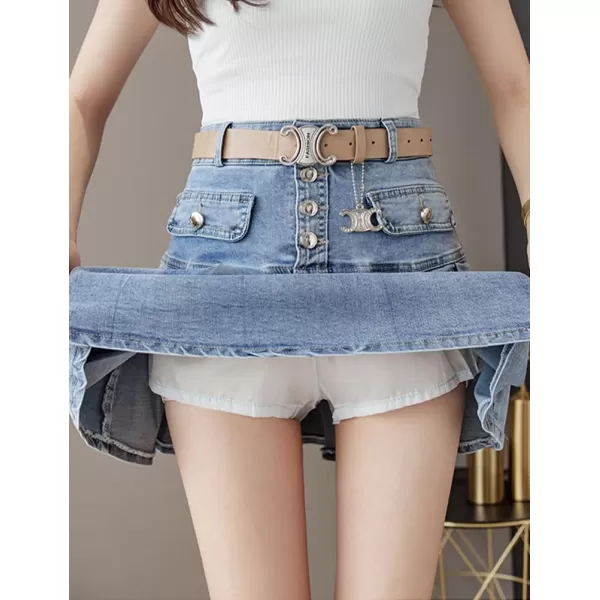 IDEALSANXUN Pleated Denim Skirt for Women Y2k High Waisted A Line Fall Winter Jean Mini SkirtBlue