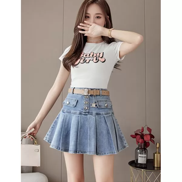 IDEALSANXUN Pleated Denim Skirt for Women Y2k High Waisted A Line Fall Winter Jean Mini SkirtBlue