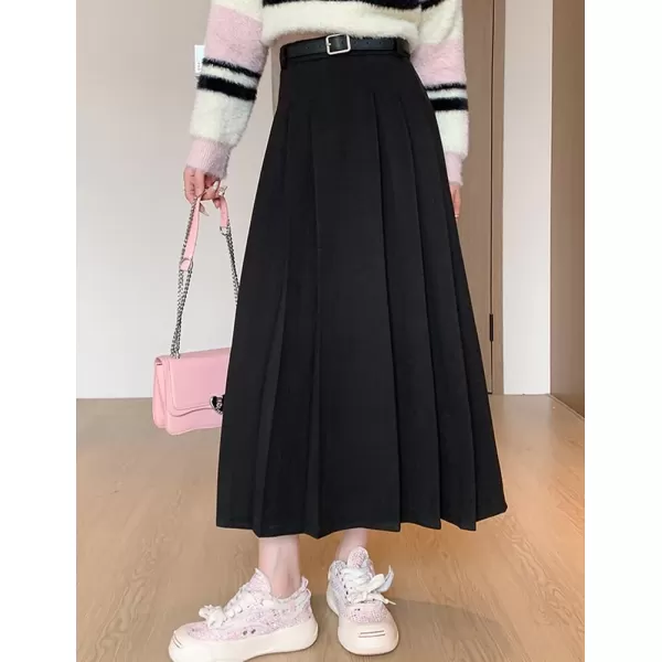 IDEALSANXUN Pleated Wool Skirt for Women High Waisted A Line Fall Winter 2023 Trendy Long Maxi SkirtBlack