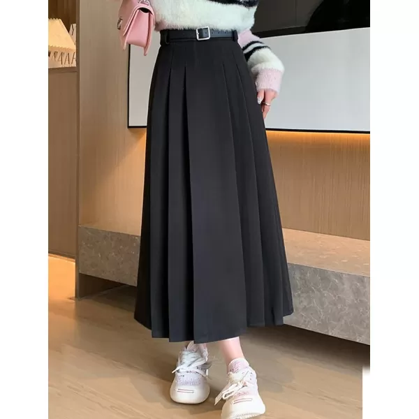 IDEALSANXUN Pleated Wool Skirt for Women High Waisted A Line Fall Winter 2023 Trendy Long Maxi SkirtBlack