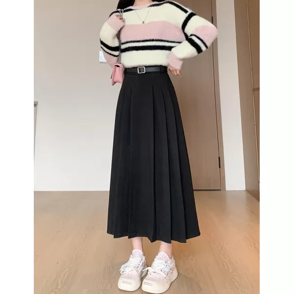IDEALSANXUN Pleated Wool Skirt for Women High Waisted A Line Fall Winter 2023 Trendy Long Maxi SkirtBlack