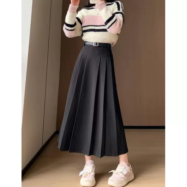 IDEALSANXUN Pleated Wool Skirt for Women High Waisted A Line Fall Winter 2023 Trendy Long Maxi SkirtBlack