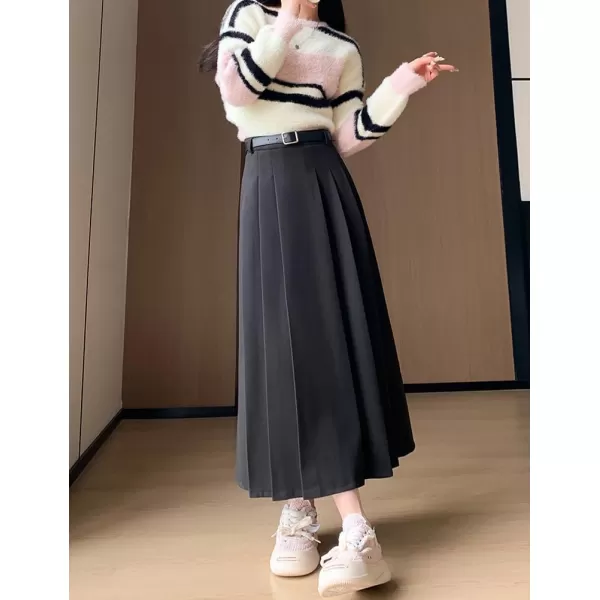 IDEALSANXUN Pleated Wool Skirt for Women High Waisted A Line Fall Winter 2023 Trendy Long Maxi SkirtBlack