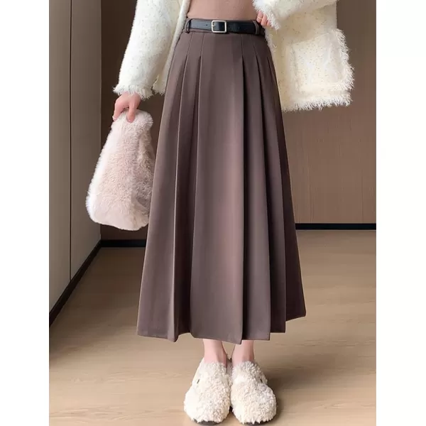 IDEALSANXUN Pleated Wool Skirt for Women High Waisted A Line Fall Winter 2023 Trendy Long Maxi SkirtCoffee