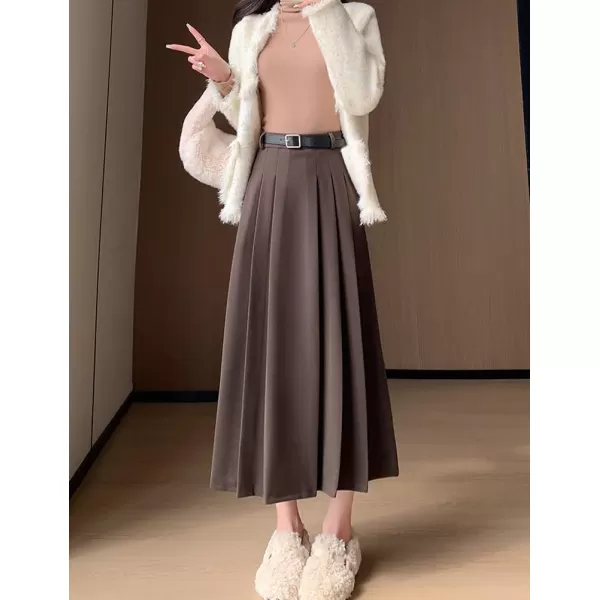 IDEALSANXUN Pleated Wool Skirt for Women High Waisted A Line Fall Winter 2023 Trendy Long Maxi SkirtCoffee