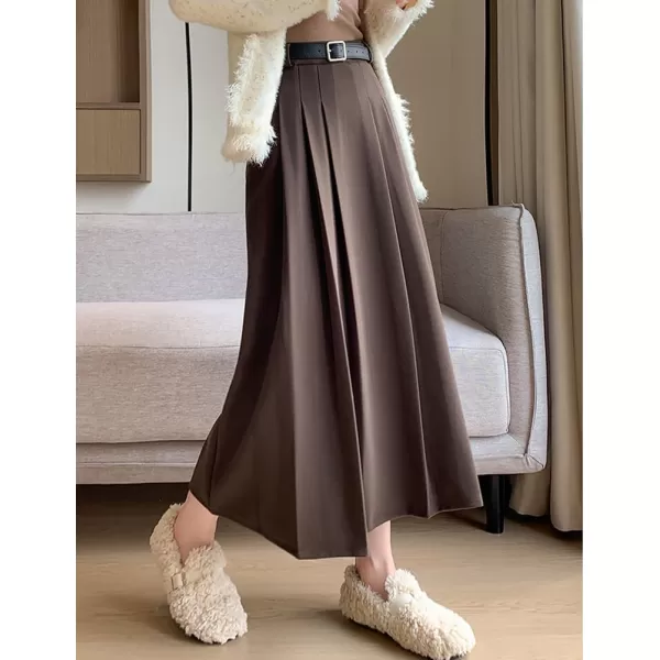 IDEALSANXUN Pleated Wool Skirt for Women High Waisted A Line Fall Winter 2023 Trendy Long Maxi SkirtCoffee