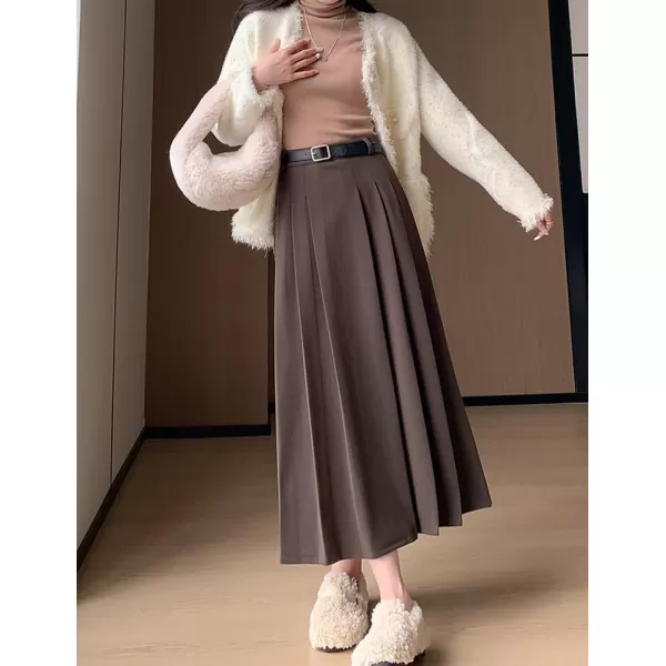 IDEALSANXUN Pleated Wool Skirt for Women High Waisted A Line Fall Winter 2023 Trendy Long Maxi SkirtCoffee