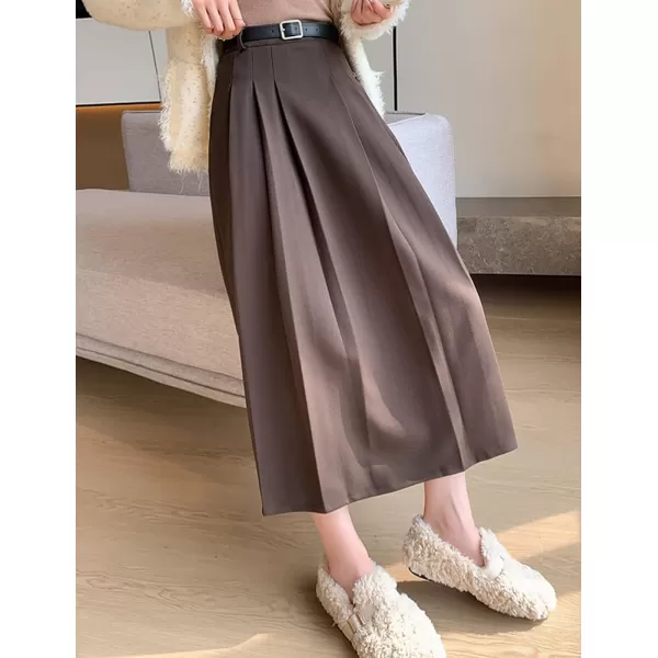 IDEALSANXUN Pleated Wool Skirt for Women High Waisted A Line Fall Winter 2023 Trendy Long Maxi SkirtCoffee