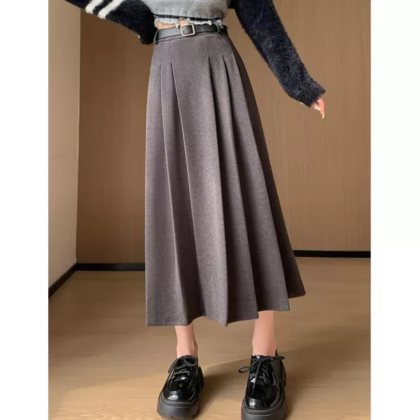 IDEALSANXUN Pleated Wool Skirt for Women High Waisted A Line Fall Winter 2023 Trendy Long Maxi SkirtGrey