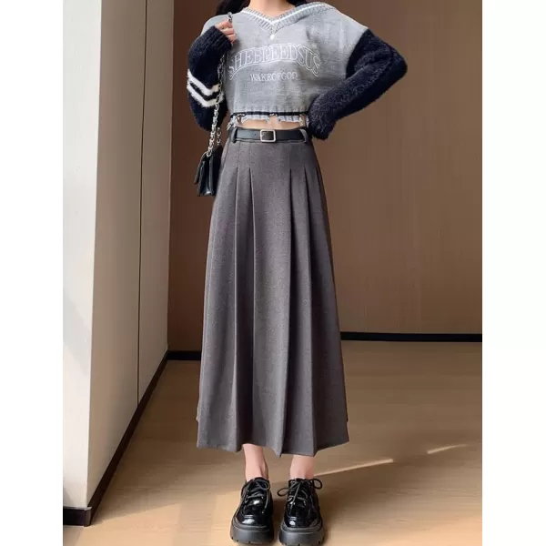 IDEALSANXUN Pleated Wool Skirt for Women High Waisted A Line Fall Winter 2023 Trendy Long Maxi SkirtGrey