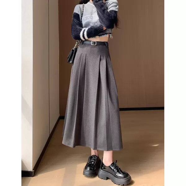 IDEALSANXUN Pleated Wool Skirt for Women High Waisted A Line Fall Winter 2023 Trendy Long Maxi SkirtGrey