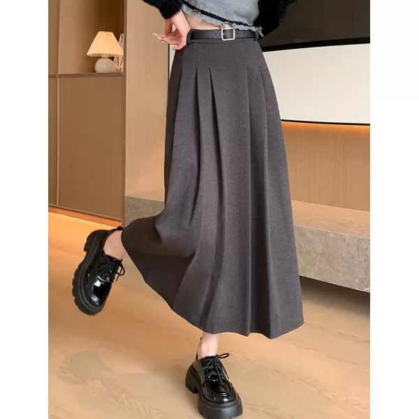 IDEALSANXUN Pleated Wool Skirt for Women High Waisted A Line Fall Winter 2023 Trendy Long Maxi SkirtGrey