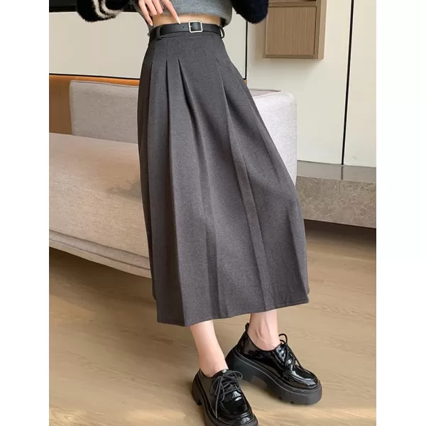 IDEALSANXUN Pleated Wool Skirt for Women High Waisted A Line Fall Winter 2023 Trendy Long Maxi SkirtGrey