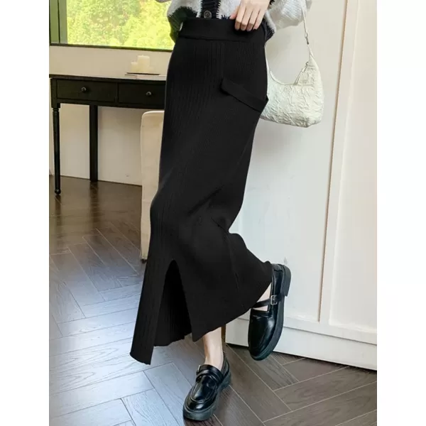 IDEALSANXUN Ribbed Knit Maxi Skirt for Women High Waisted A Line Bodycon Fall Winter Long Skirt with SlitBlack