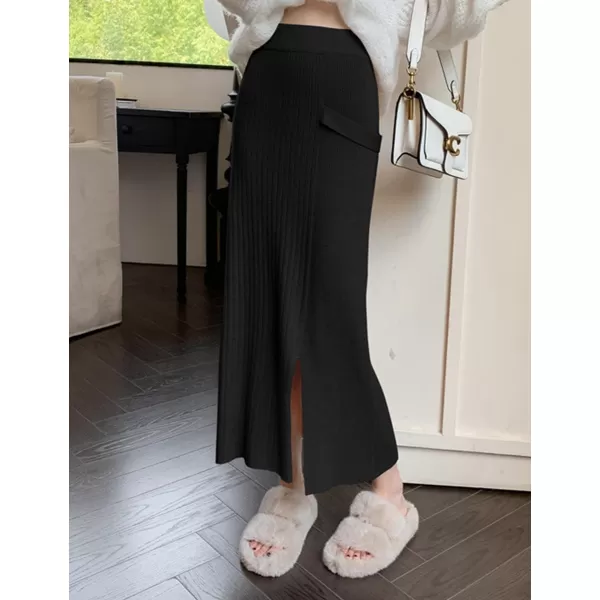 IDEALSANXUN Ribbed Knit Maxi Skirt for Women High Waisted A Line Bodycon Fall Winter Long Skirt with SlitBlack