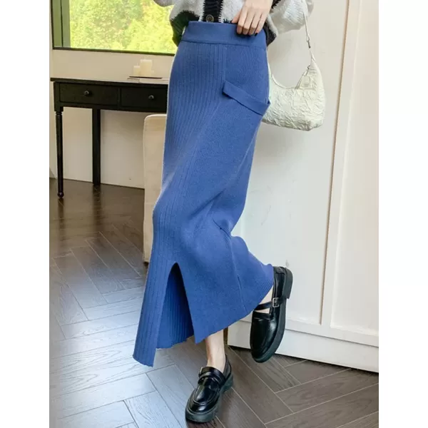 IDEALSANXUN Ribbed Knit Maxi Skirt for Women High Waisted A Line Bodycon Fall Winter Long Skirt with SlitBlue