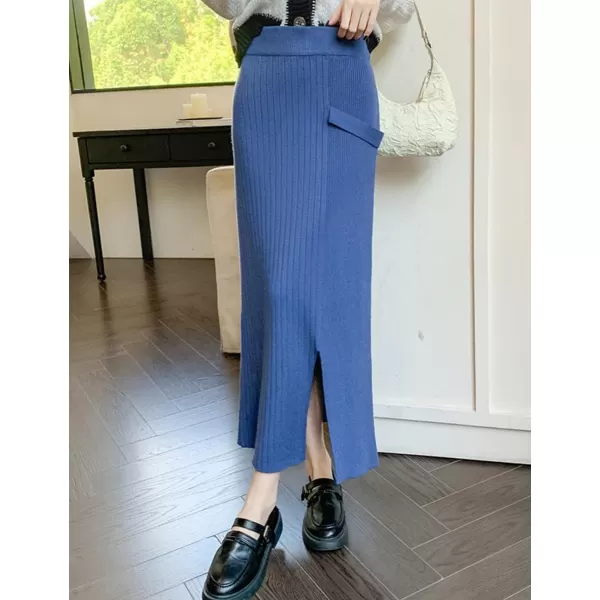 IDEALSANXUN Ribbed Knit Maxi Skirt for Women High Waisted A Line Bodycon Fall Winter Long Skirt with SlitBlue