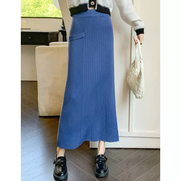 IDEALSANXUN Ribbed Knit Maxi Skirt for Women High Waisted A Line Bodycon Fall Winter Long Skirt with SlitBlue