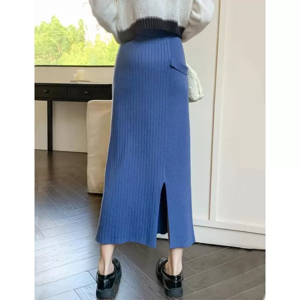 IDEALSANXUN Ribbed Knit Maxi Skirt for Women High Waisted A Line Bodycon Fall Winter Long Skirt with SlitBlue