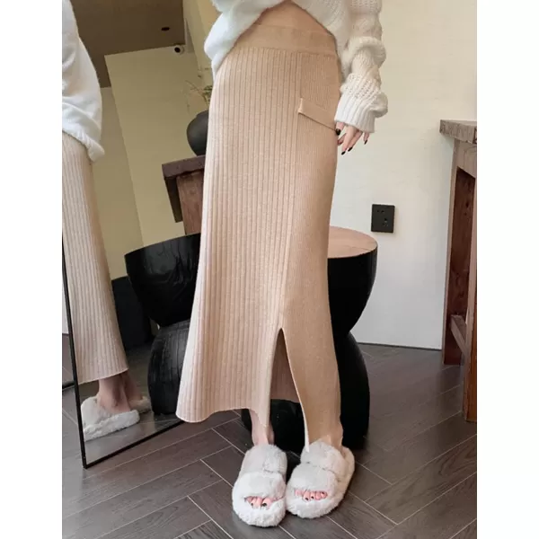 IDEALSANXUN Ribbed Knit Maxi Skirt for Women High Waisted A Line Bodycon Fall Winter Long Skirt with SlitKhaki