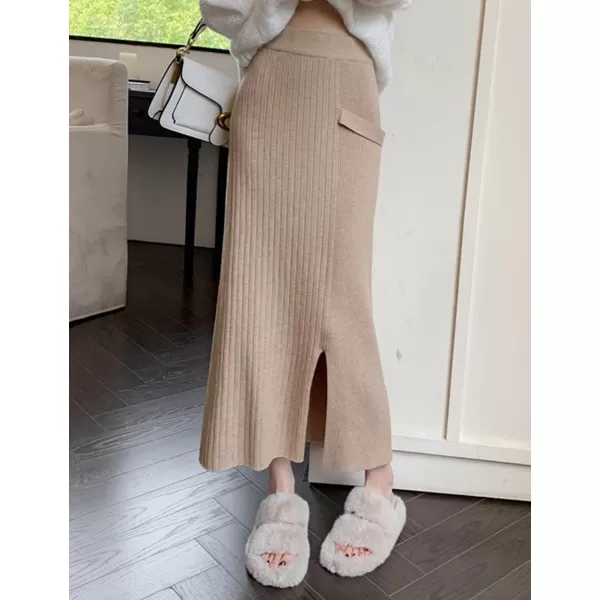 IDEALSANXUN Ribbed Knit Maxi Skirt for Women High Waisted A Line Bodycon Fall Winter Long Skirt with SlitKhaki