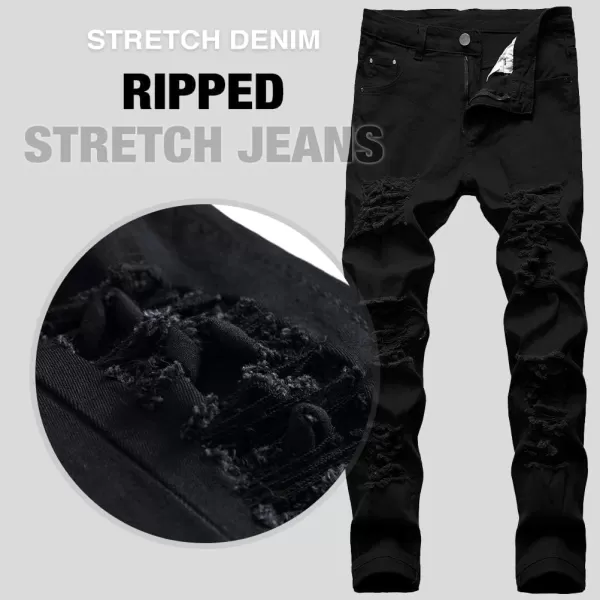 IDEALSANXUN Ripped Jeans Men Pattern Straight Leg Skinny Slim Fit Stretch JeansBlack 499