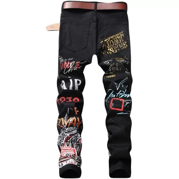 IDEALSANXUN Ripped Jeans Men Pattern Straight Leg Skinny Slim Fit Stretch JeansBlack 5608