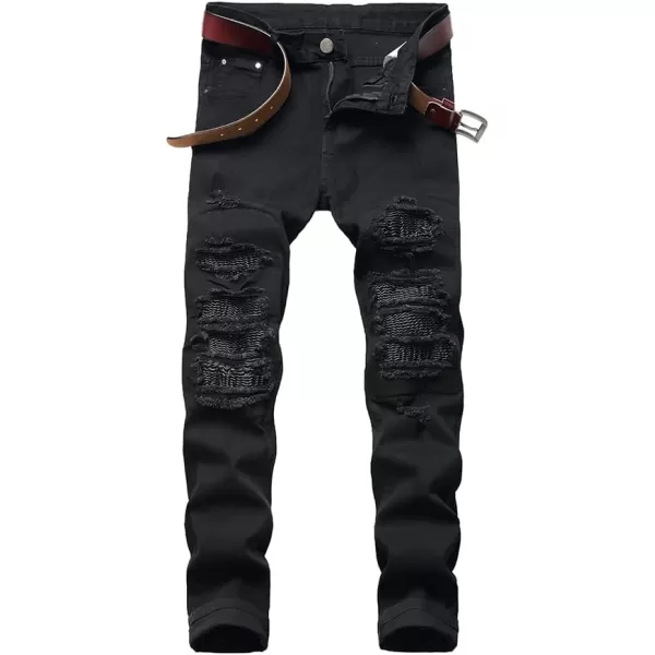 IDEALSANXUN Ripped Jeans Men Pattern Straight Leg Skinny Slim Fit Stretch JeansBlack 8008