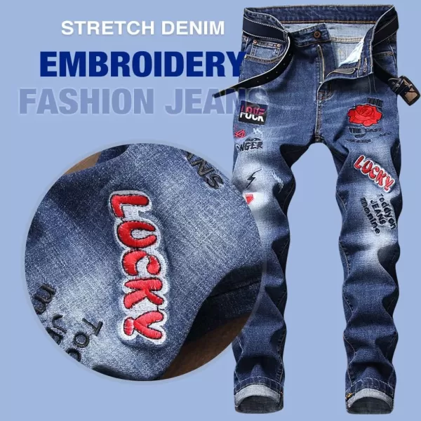 IDEALSANXUN Ripped Jeans Men Pattern Straight Leg Skinny Slim Fit Stretch JeansBlue